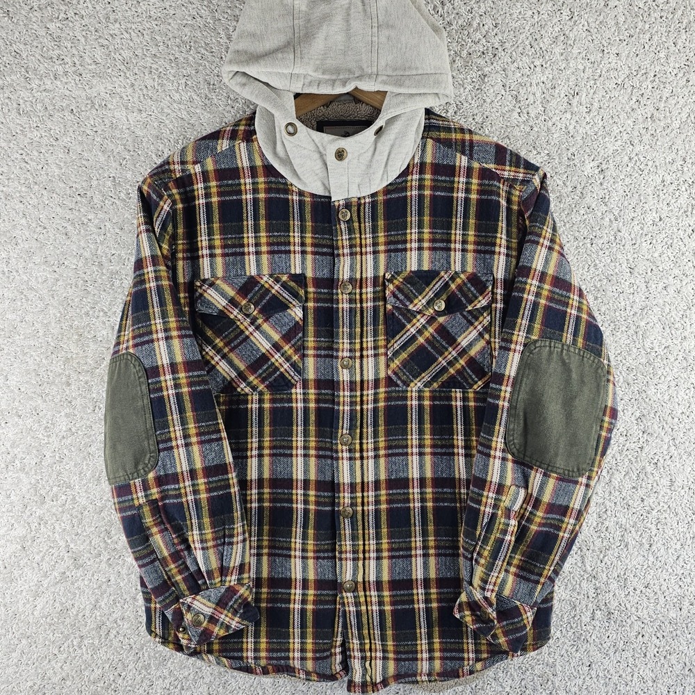 Legendary Whitetail Lined Hooded Flannel Snap Jacket Sz Medium Elbow Patches